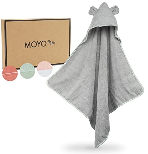 MOYO Kapuzenhandtuch mit Ohren in Grau I 75x75cm I Kleinkind & Baby Badeponcho aus 100% Frottee-Baumwolle I Babyhandtuch mit Kapuze I Weiches Baby Badetuch I Waschbares Kapuzenhandtuch Baby