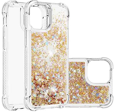 IMEIKONST Compatible with iPhone 14 Pro Max Glitter Case, Liquid Sparkle Quicksand Clear Transparent Sequin Girls Slim TPU Bumper Silicone Shockproof Cover for iPhone 14 Pro Max. Love Gold YBW