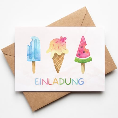 Essi's Stoff Boutique 10er-Set Eis Einladungskarten - Eis Kindergeburtstag - inkl. Umschläge