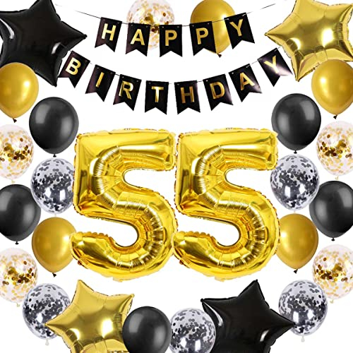 55. Geburtstag Dekorationen Schwarz-Gold für Männer Frauen, 55. Geburtstag Banner 55 Geburtstag Star Folie Konfetti Ballons für Cheers to 55 Jahre alt Geburtstag Party Dekorationen(55.)