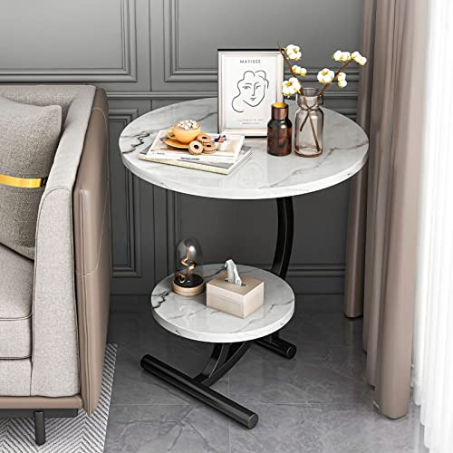 Moderner Couchtisch rund mit 2-stufiger Aufbewahrung, Marmor-Finish und stabilem Metallrahmen, Teetisch für Wohnzimmer, einfache Montage, schwarzer Beistelltisch für kleine Wohnung, Wohnzimm