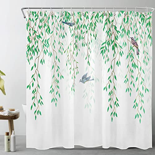 LB Grüne Blätter Duschvorhang 240x175cm Vogel am Baum Antischimmel Wasserdicht Badezimmer Vorhänge, Frühlingslandschaft Weiß Extra Breit Polyester Stoff Bad Vorhang mit Haken