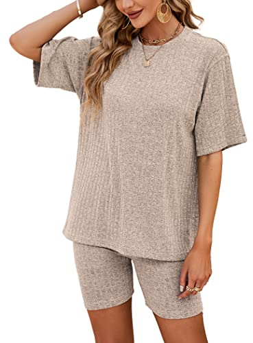 NIUDAU Trainingsanzug Damen Jogginganzug Tracksuit Sport Set 2 Teilig Sportanzug Kurzarm Shirt und Kurze Hosen Set Zweiteiler Freizeitanzug