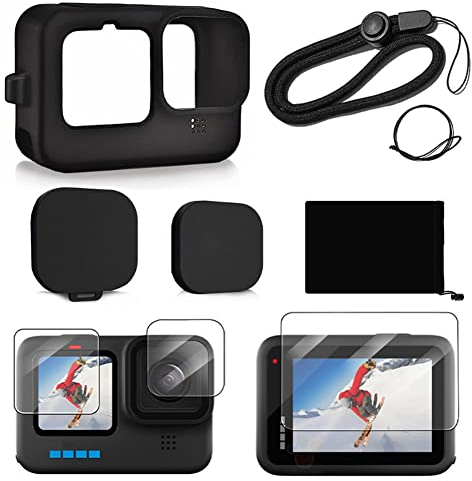 YHTSPORT Custodia in Silicone per GoPro Hero 12/Hero 11/Hero 10/Hero 9 Black, Pellicola Protettiva in Vetro Temperato + Copriobiettivo + Cordino, Hero 12 11 10 9 Accessorio