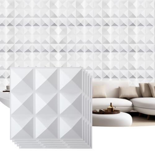 Fulmoon 50 Pcs 3D Wall Panels for Interior Wall Decor, PVC Diamond Textured Wall Panels for Living Room, Bedroom, TV Wall Background, 12 x 12 Inches(White)