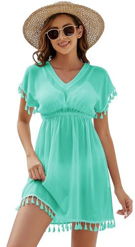 Onfettic Damen Strandkleid Sommer Badeanzug Strandtunika Chiffon Strandponcho Sommerkleider Bikini Cover mit V-Ausschnitt (Grün, M)