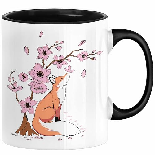 Trendation Fuchs Tasse Geschenk Fox Japanese Kirschblüte Blume Vintage Fuchs Kaffee-Becher (Schwarz)