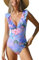 CUPSHE Damen Badeanzug V Ausschnitt Volants Bauchweg Raffungen Blumendruck Lace Up Einteilige Bademode Swimsuit Blau/Rosa Blumenmuster L