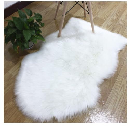 Hrlace Lammfell Schaffell Kunstfell Teppich - Longhair Weiche Flauschig Stuhlauflage Nachahmung Wolle Bettvorleger Sofa Matte für Stuhl Schlafzimmer Weiß 60x90cm