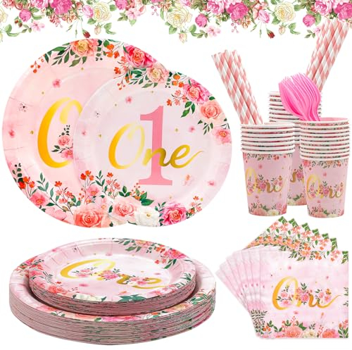 144 Stück Rosa Blumen Partygeschirr Set für 24 Gäste, 1. Geburtstag Mädchen Deko Party Geschirr Pappteller Set, Tischdeko enthalten Partygeschirr Essteller Pappbecher Servietten Rosa Strohhalme Gabel