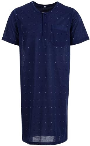 Lucky Herren Nachthemd Kurzarm Raute Punkt Tasche Schlafshirt Knöpfe Brusttasche, Farbe:Navy, Größe:L