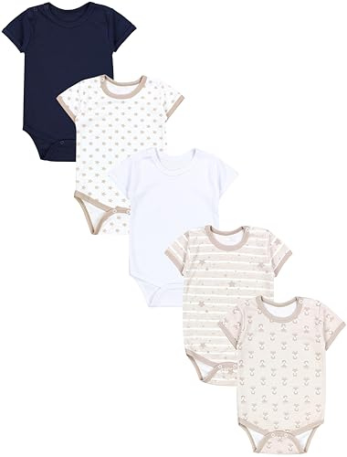 TupTam Baby Body Kurzarm – 5er Set Body Baby aus Baumwolle – Weicher, Atmungsaktiver Kurzarm Body Baby Jungen, Farbe: Fuchs Beige Sterne Streifen Weiß Dunkelblau, Größe: 98