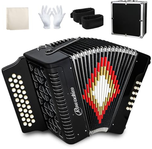 Accordion 31 Key Button Professional Diatonic Concertina with 12 Bass, F/B/E Tuned, Portable Squeezebox Folk Music Instrument for Adults Beginners with Case (Black)
