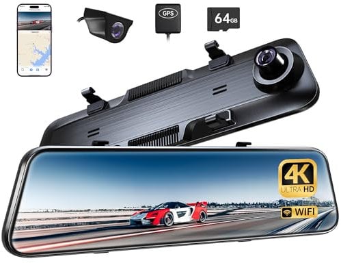 Pelsee P12 Plus 4K WiFi Rear View Mirror Camera, Dash Cam Front and Rear w/ 12 Touch Screen, Mirror Dash Cam Backup Cameras for Cars, 64GB Card&GPS Included, ADAS, Reversing Aid, WDR Night Vision