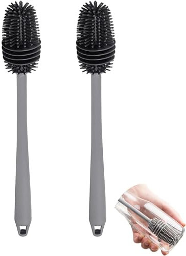 Goupillon en Silicone à Long Manche, Brosse de Nettoyage pour appareils électroménagers, Brosse à Vaisselle, Brosse à Verre, Bouteilles isothermes, vases et verrerie, Gris (Lot de 2).