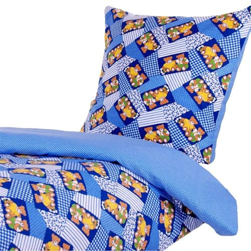 Biber Kinderbettwäsche Baumwolle - Baby, Kinder, Bettwäsche, Bettbezug, Winter, Warm, Weich (Patchwork Bären Blau, 135x200 + 80x80 cm)