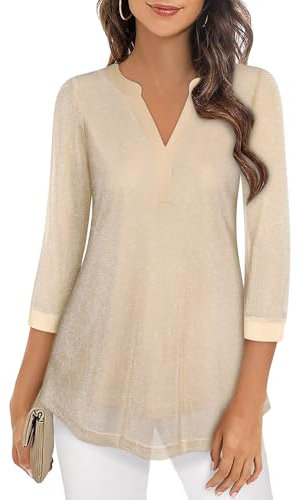 Flikity Womens Blouses Dressy Tops for Women UK 3/4 Sleeve Shirts Sequin Sparkly Tops Evening Party Top Mesh Sheer Layered Glitter Tunic Tops Wedding Night Out Boutique Clothing Champagne M