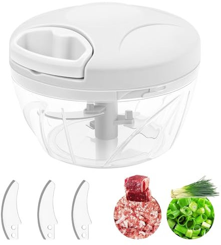 Udbrud Hachoir à légumes, 500 ml, manuel, hachoir à oignons, hachoir manuel avec cordon de serrage, hachoir multifonction avec 3 lames en acier inoxydable, hachoir à légumes de cuisine