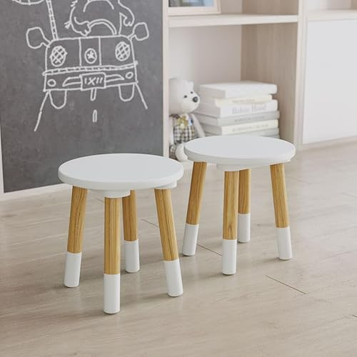 URBNLIVING Kids Wooden Portable Stool, Lightweight and Anti-Slip, H26cm x D24cm, 2 Pcs Round Seat White Chair for Toddlers, Small Children, Home Decor for Desk, Table, Nursery, Kitchen, Bedroom