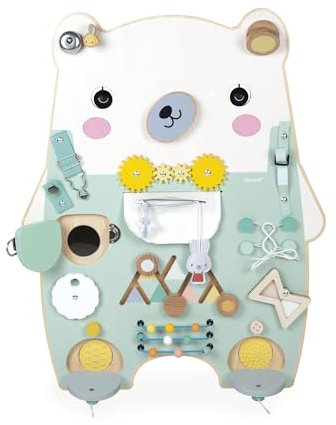 Janod - Busy Board Bär - 20 Aktivitäten - Großes Aktivitätsbrett aus Holz - Ideal für die Entwicklung der Feinmotorik, Neugier und Fingerfertigkeit - Höhe 60cm - Ab 18 Monate, J05162