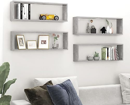 Myheimly Würfelregal Wandregal Hängeregal Cube Lounge CD Regal Dekoregal Bücherregal Schweberegal Wandboard Regalwürfel Betongrau,4 PZ*80 x 15 x 26.5 cm