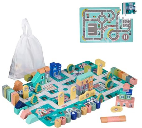 Relaxdays Holzbausteine Stadt, 113 Bauklötze, Puzzlematte, mit Gebäuden, Rennstrecke, Zahlen, Bausteine ab 3 Jahre, bunt