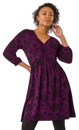 Roman Originals Tea Dress for Women UK Ladies Skater Swing Fit & Flare Flattering Summer Knee Length Frill Hem Ruched Chest Casual Smart Cocktail Party Going Out - Magenta - Size 12