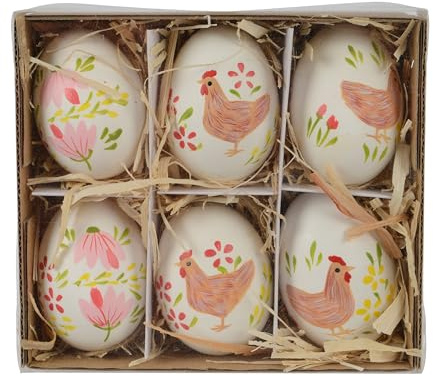 Ostereier zum Aufhängen 4x6cm mit Blumen und Tier Motiv 6er Box - Dekoeier mit Aufhänger - Echte Hühnereier ausgeblasen - Deko Eier für Ostern Frühling - Osterdeko Hängedeko Frühlingsdeko