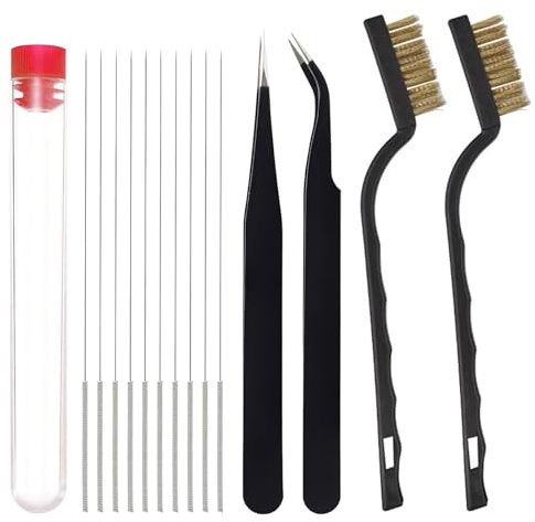 Bamyli 10 Stück 0,4mm 3D Drucker Düsenreinigungsnadeln Set mit 2 Pinzetten und 2 Kupferdrahtbürste für 3D Drucker Düsenreinigung Zubehör
