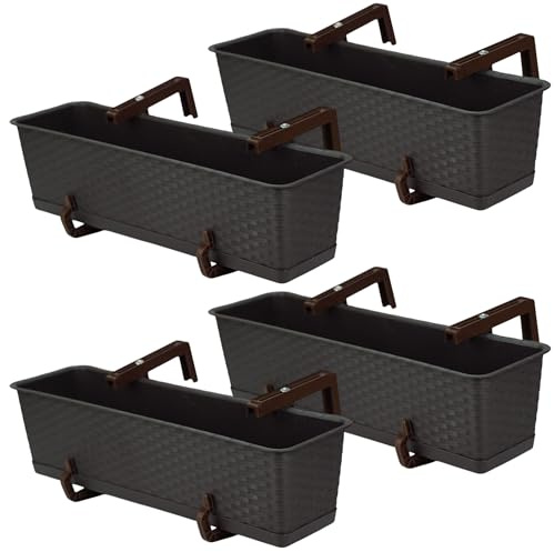 Blumenkasten Balkon Set 4 X 59 cm x 17 cm | Pflanzkasten wetterfest mit Untersetzer und Halterung | Balkonkasten in Rattanoptik für die stilvolle Bepflanzung von Terrasse und Balkon | Umbra