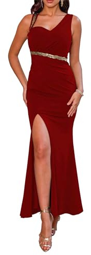 Angel-fashions Damen Abendkleid mit Einer Schulter gerafft mit goldenen Pailletten verziert Schlitz und Schößchen-Design perfekt für den Abschlussball