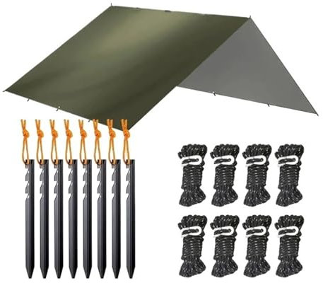 Camping Plane 19 Hängepunktplane, wasserdicht, for das Überleben im Bushcraft-Stil, Sonnenschutz, Strandschattenzelt, Überdachung for den Außenbereich, Rucksackreisen, Tourist, 4 x 4, 3 x 3 Meter(Oliv