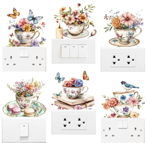 AHANDMAKER 6 x Lichtschalterplatten Aufkleber. Tasse Blumen Nachmittagstee Illustrationsaufkleber Für Lichtschalter Wandsteckdosen Schlafzimmer Wohnzimmer 7 x 7 Zoll