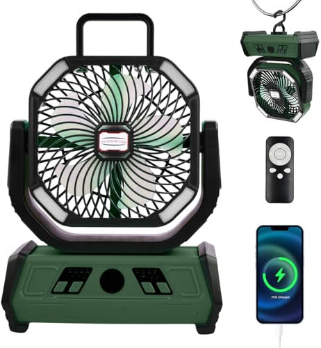 Mapille Ventilatore da campeggio con batteria 20000mAh e luce LED, ventilatore USB silenzioso con telecomando, 4 velocità, rotazione e timer, portatile per tenda, outdoor, blackout, viaggi (Verde)