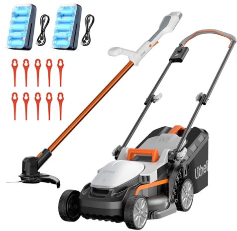 Litheli 20V Akku-Rasenmäher (33 cm) & Rasentrimmer (25 cm), 25–65 mm Schnitthöhe, starker Motor, Geeignet für Gartenrasen und Außenschnitt, Rasenmäher mit Akku-Rasentrimmer