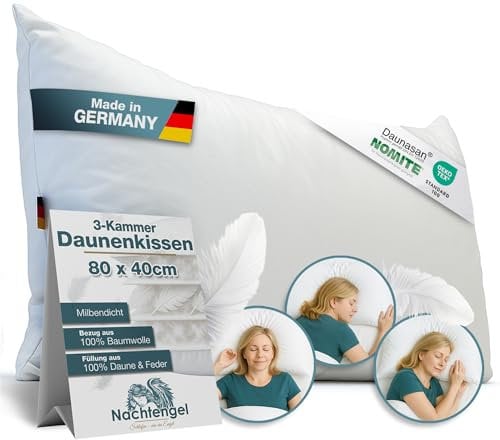 Nachtengel Daunenkissen 40x80 – 3-Kammer Kopfkissen aus 100 % Daunen & Federn – weiches Hotelbettkissen Made in Germany, atmungsaktives Federkopfkissen für alle Schlaftypen (1 Stück, weiß, 40x80cm)
