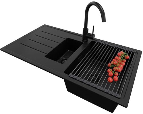 PRIMAGRAN Fregadero Granito Todo Negro 90x50cm, Cocina 1,5 Senos + Grifo 32x20cm + Sifón + Enrollable Escurridor, Sobre encimera al mueble 60cm - Copenhague Duo