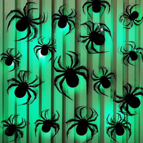 24 Stück LED-Halloween-3D-Spinnendekorationen,Wandaufkleber 3D Halloween Deko Set Outdoor,Halloween Fensterdeko Wandaufkleber,Dekoration 3D Spinnendekorationen,Party Dekoration