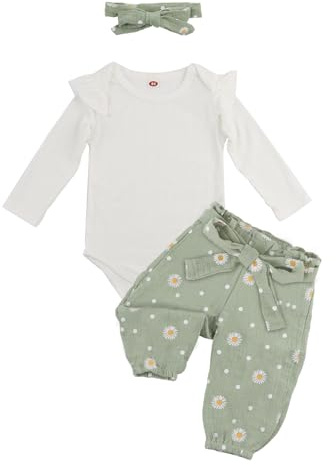 ABOHU Baby Mädchen Kleidung, 3 teilig Neugeborene Rüschen Langarm Strampler Gänseblümchen Hose Sets mit Stirnband, Babykleidung Outfit Set Mädchen von 3–12 Monaten