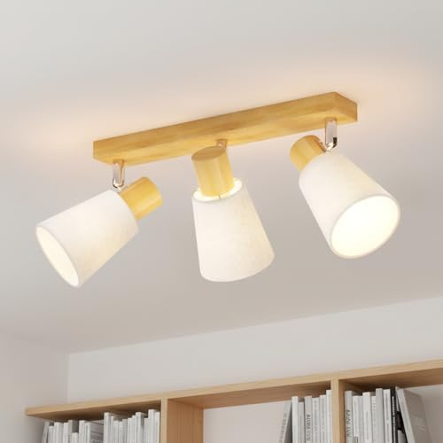 LVWIT Deckenstrahler 3 Flammig Deckenleuchte Holz Lampe Wohnzimmer Deckenspots Schwenkbar E14 Vintage Strahler Deckenlampe Spotlight Küchenlampe Strahler Schlafzimmer Wandstrahler-Ohne Leuchtmittel