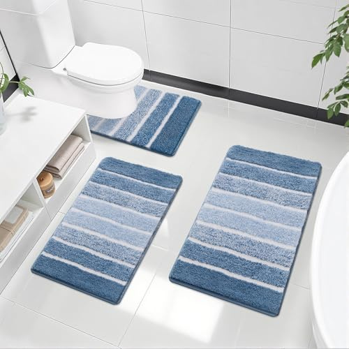 SHACOS Badezimmerteppich Set 3 Teilig Badteppich rutschfest Badematte Blau Weiche Badezimmer Teppiche Wasserabsorbierend Duschmatte Waschbar Badvorleger Set, 40x60+50x80+50x60cm