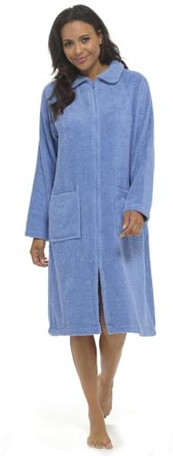 A2Z Accappatoio da donna in spugna con cerniera frontale, 100% cotone, cappotto da casa con maniche lunghe, cerniera YKK e tasche profonde, accappatoio morbido assorbente, ideale per donne taglie da