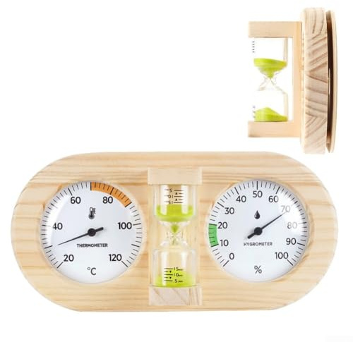 Sauna Thermohygrometer, 20°C bis 120°C Temperatur und 0% bis 100% RH Luftfeuchtigkeitskontrolle mit 15-Minuten-Sanduhr-Timer, Wandmontiertes Kiefernholz-Hygrometer für Saunaraum (B)