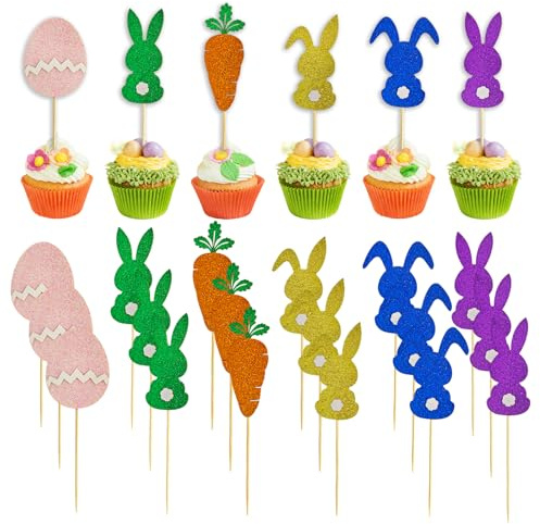 Youery 24 Stück Ostern Kuchen Deko, Glitzer Tortenaufleger mit Hase, Karotte & Ei, Oster Tortendeko, Backzubehör für Osterfeier, Kinder, Tischdeko & Cupcake