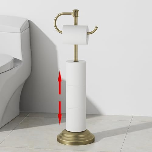 RUMOSE Toilet Paper Holder Stand for Floor, Antique Brass | Bathroom Freestanding Toilet Tissue Roll Holder with Storage, Adjustable 17-25 Inch, Rustproof, SUS304 Stainless Steel