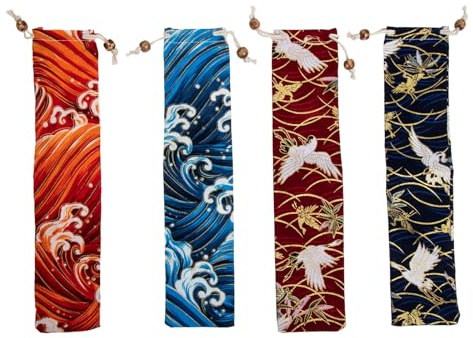 HEALEEP 4 Stück Japanische Bestecktaschen aus Stoff mit Kordelzug Aufbewahrungsbeutel für Essstäbchen Löffel und Kämme Kompakte Geschirrtaschen für Küchenutensilien und Besteck zu Hause