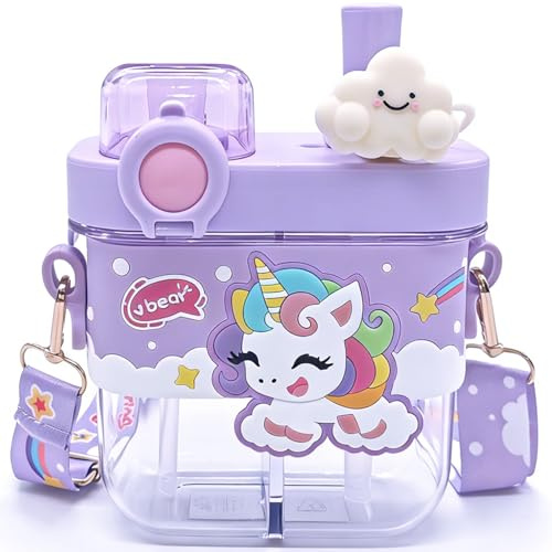 WFKKMEQ Unicorn Water Bottle with Straw, Unicorn Drinking Bottle Water Bottle Plastic Bottles with Straw Strap Double Drinking Leakproof Sports Bottles for Travel School (580ML) Animal Set