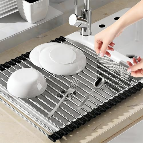 Escurridor de Platos para Fregadero, Rejilla Fregadero Cocina - 44x31,5 cm | Escurreplatos plegable, Escurreplatos Acero Inoxidable, Base de Silicona Resistente al Calor, 304 Acero inoxidable
