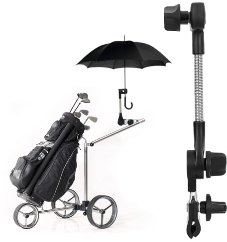 Golf Umbrella Holder for Trolley, Adjustable Golf Cart Connector Clip | Handlebar Push Cart Black Umbrella Stand Clamp Attachment for Motocaddy, Powakaddy All Models Stroller Buggy Wheelchair