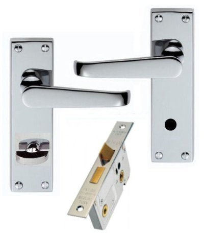 Victorian Polished Chrome Bathroom Door Handles + 64mm Lock Set